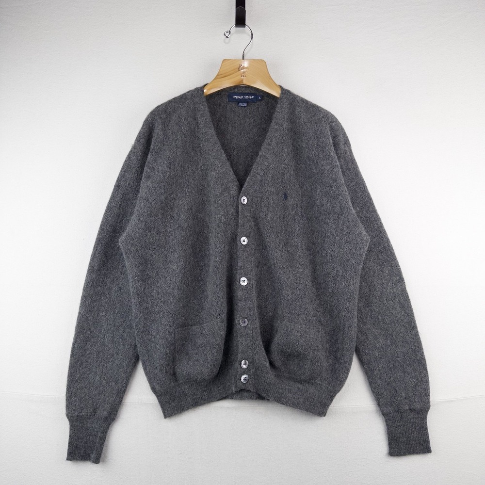 Polo Golf Ralph Lauren 100% Alpaca Gray V-neck  Cardigan Mens Large Pockets Peru